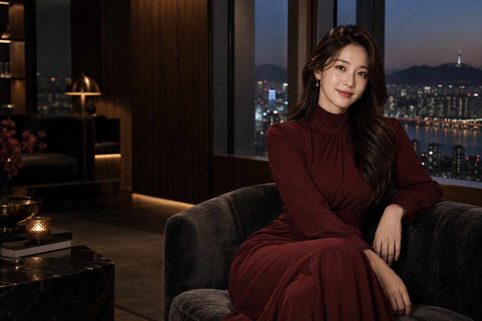 야경 라운지의 가상 성인 여성과 공간